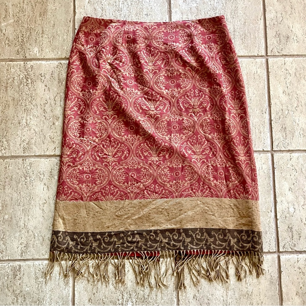 Vintage Parisian Signature Woman Maxi Skirt Plus Sz 20W Red Gold Fringe Tapestry